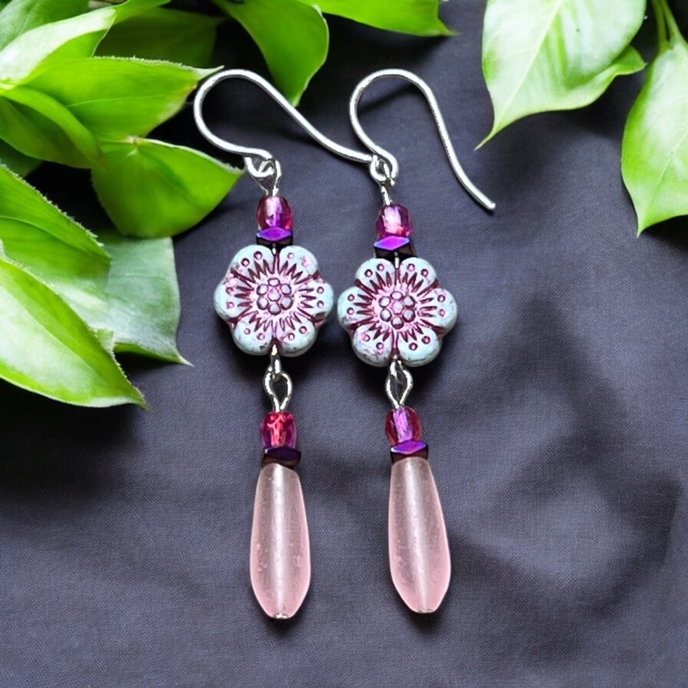 Handcrafted Elegant Pink and Purple Floral Drop Earrings